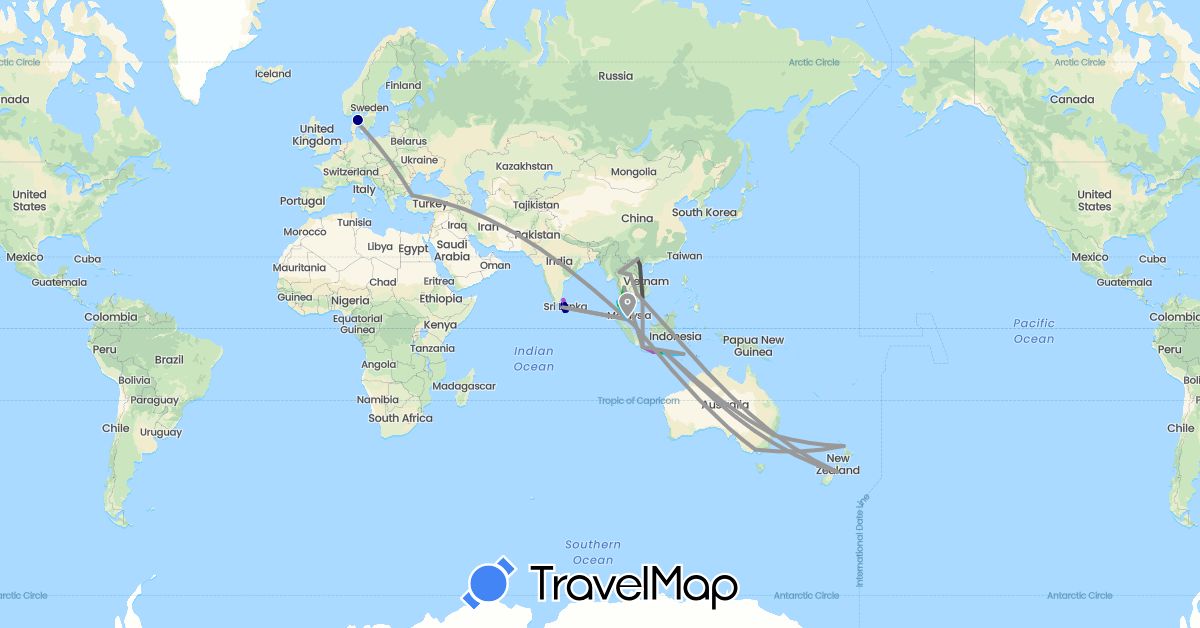 TravelMap itinerary: driving, bus, plane, train, boat, motorbike in Australia, Denmark, Indonesia, Japan, Cambodia, Laos, Sri Lanka, Malaysia, New Zealand, Singapore, Thailand, Turkey, Vietnam (Asia, Europe, Oceania)